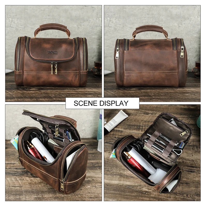Premium Genuine Leather Toiletry Bag for Men - Designer Travel Cosmetic Organizer with Top Handle