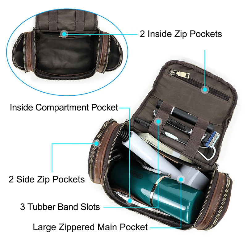 Premium Genuine Leather Toiletry Bag for Men - Designer Travel Cosmetic Organizer with Top Handle