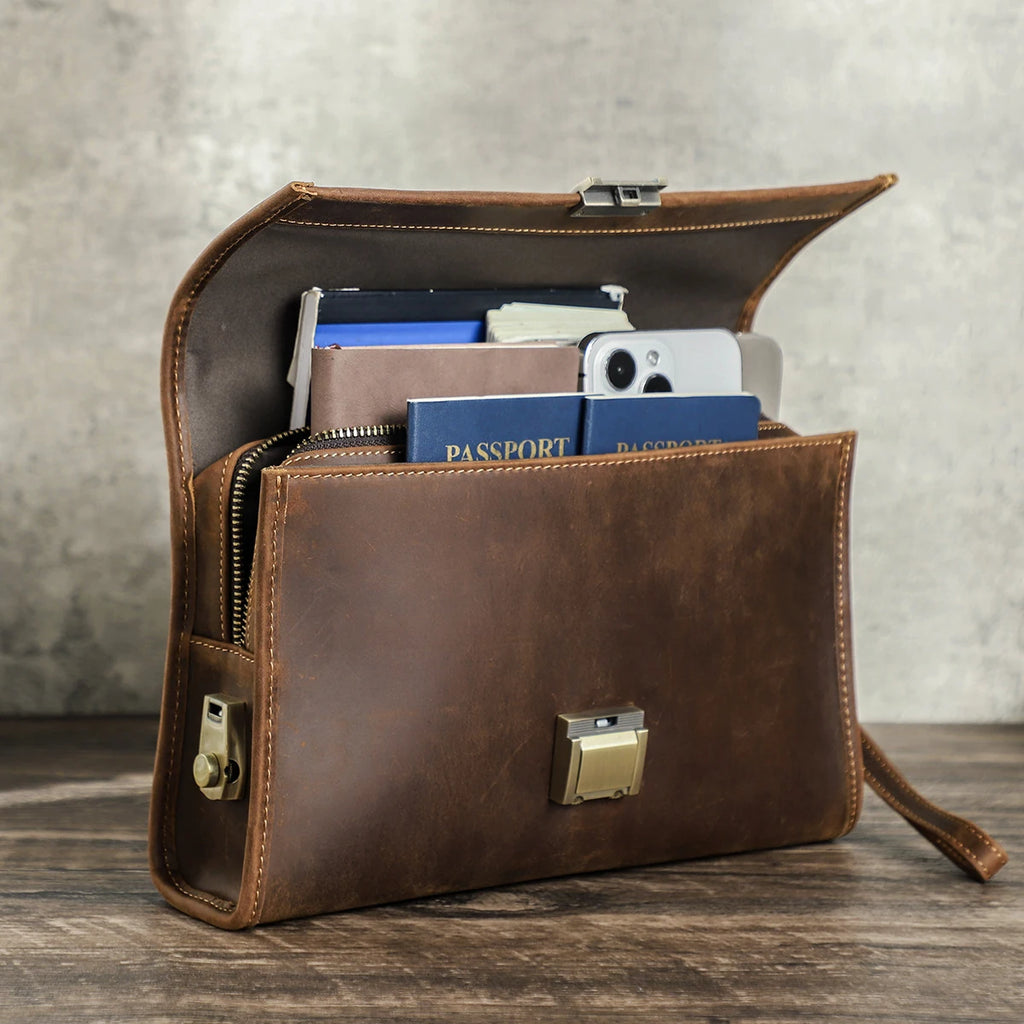 P046 - Premium Genuine Leather Clutch Wallet for Men - Double Zipper Large Capacity Organizer