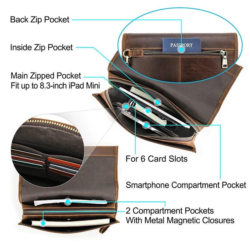 P046 - Premium Genuine Leather Clutch Wallet for Men - Double Zipper Large Capacity Organizer