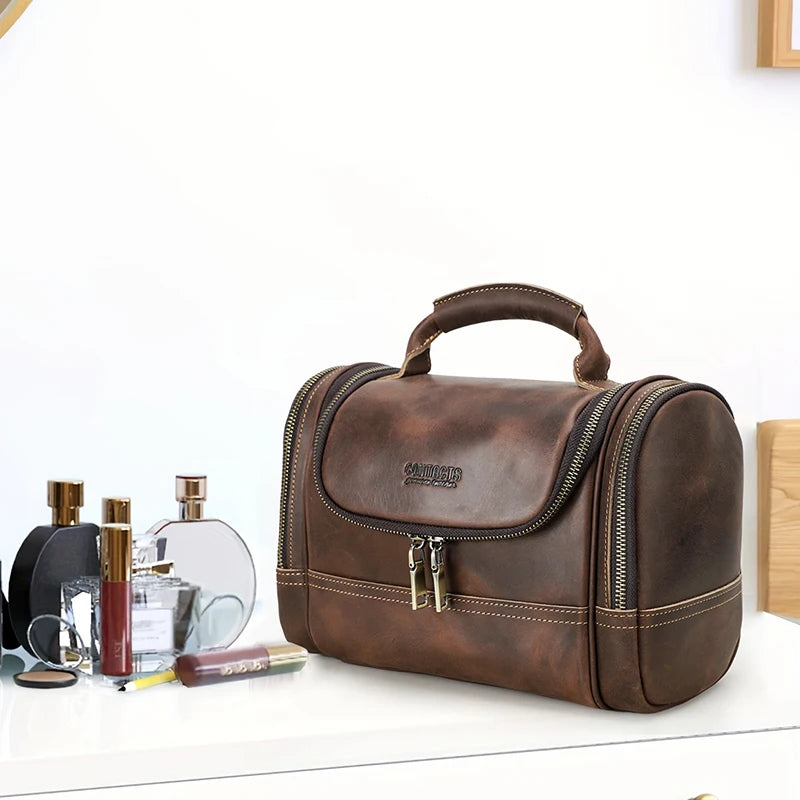 Premium Genuine Leather Toiletry Bag for Men - Designer Travel Cosmetic Organizer with Top Handle