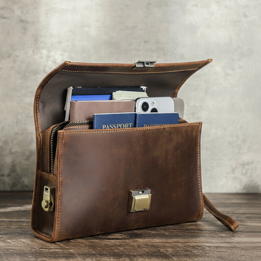 P046 - Premium Genuine Leather Clutch Wallet for Men - Double Zipper Large Capacity Organizer