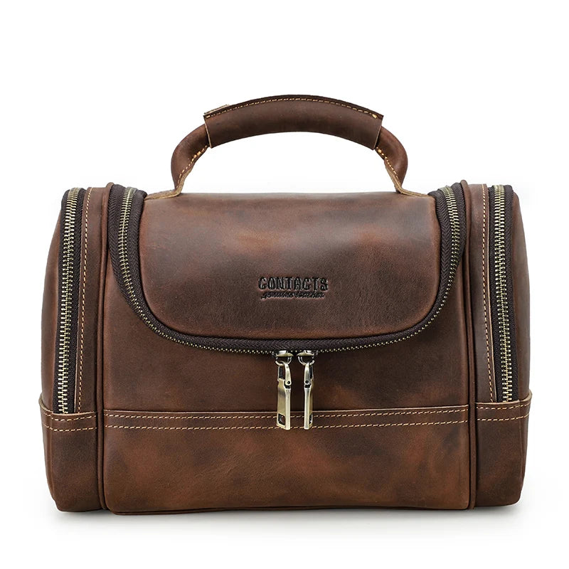 Premium Genuine Leather Toiletry Bag for Men - Designer Travel Cosmetic Organizer with Top Handle