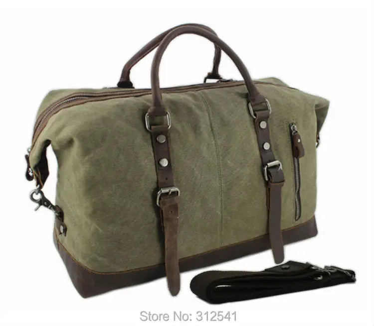 Vintage Military Canvas & Leather Travel Duffel Bag - Men's Large Weekend Overnight Luggage
