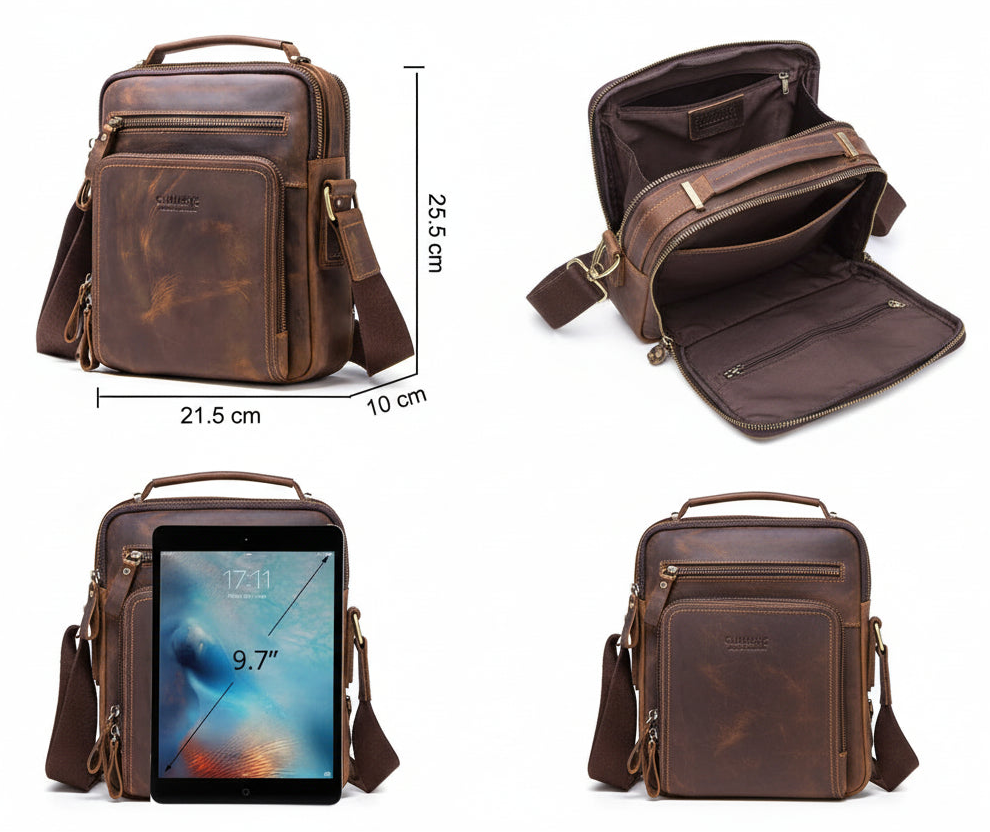 P047 - Vintage Crazy Horse Leather Messenger Bag - Men's Crossbody Shoulder Bag with Sling Strap