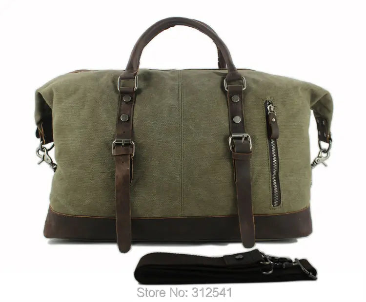 Vintage Military Canvas & Leather Travel Duffel Bag - Men's Large Weekend Overnight Luggage