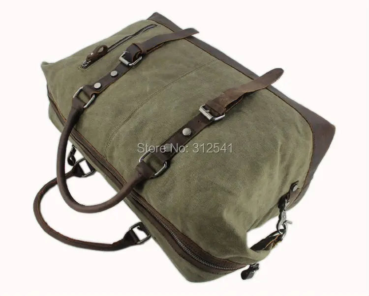 Vintage Military Canvas & Leather Travel Duffel Bag - Men's Large Weekend Overnight Luggage