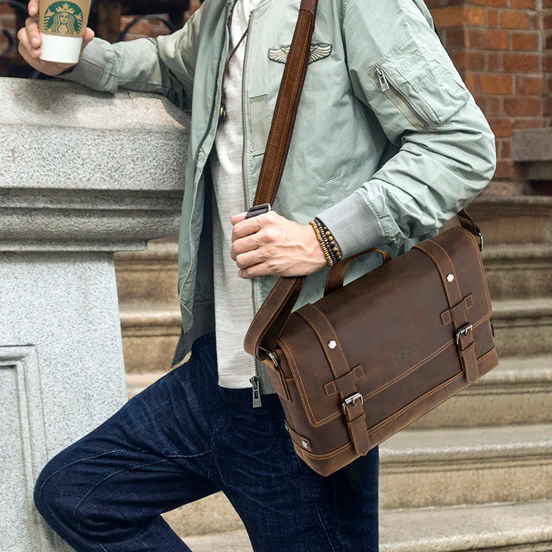 P045 - Vintage Crazy Horse Leather Laptop Bag - Men's Messenger Satchel