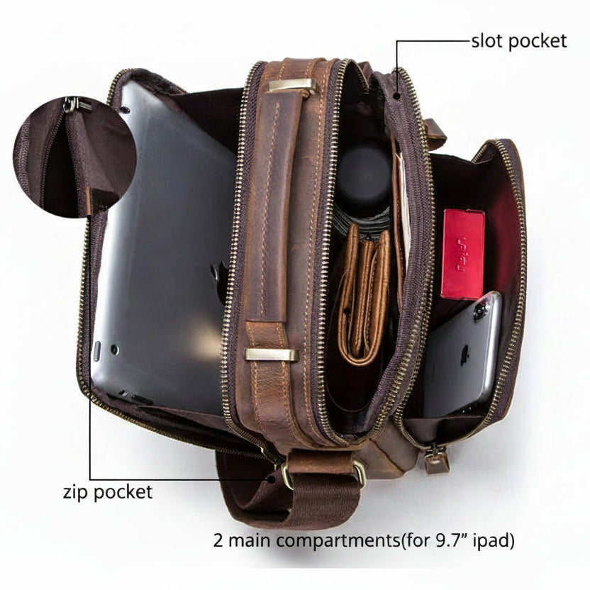 Vintage Crazy Horse Leather Messenger Bag - Men's Crossbody Shoulder Bag with Sling Strap