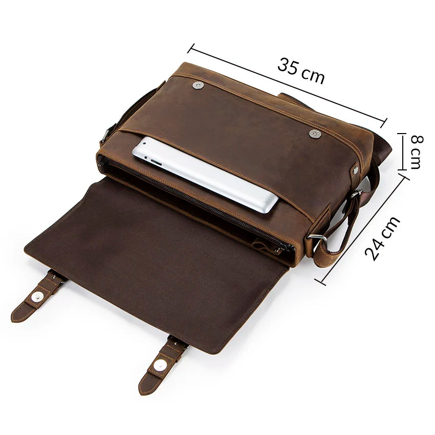 Vintage Crazy Horse Leather Laptop Bag - Men's Crossbody Messenger Satchel for Business & Travel
