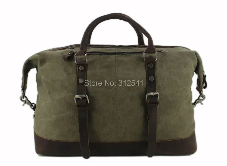 Vintage Military Canvas & Leather Travel Duffel Bag - Men's Large Weekend Overnight Luggage