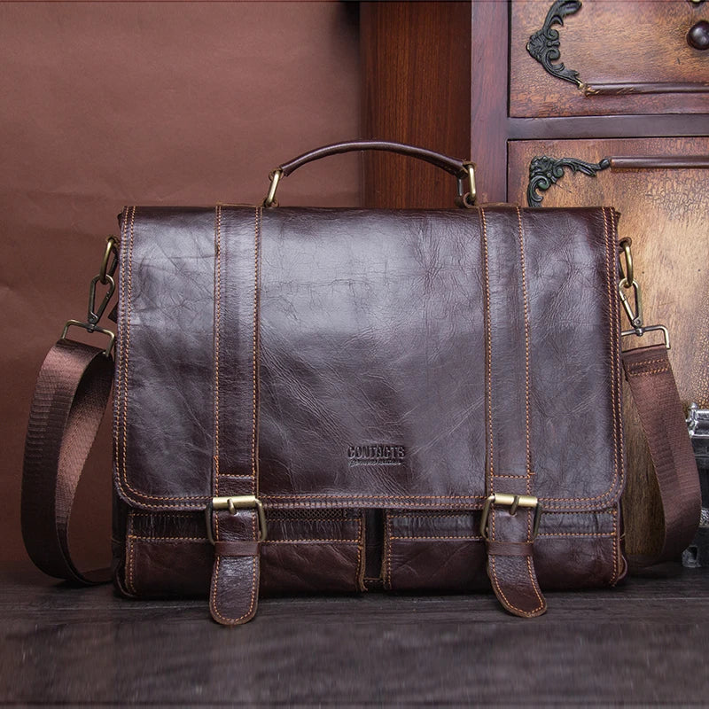 Men's Genuine Leather Briefcase - Business Laptop Bag Vintage Messenger Shoulder Bag