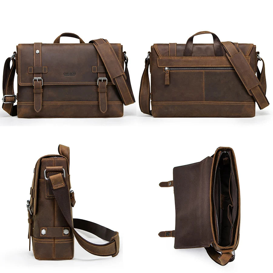 P045 - Vintage Crazy Horse Leather Laptop Bag - Men's Messenger Satchel