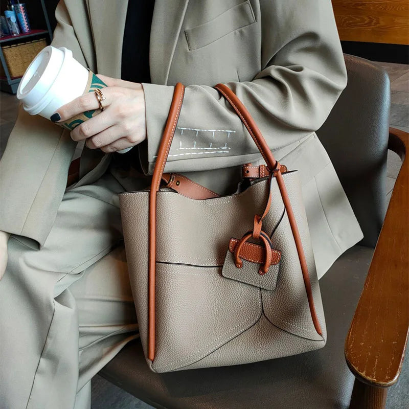 Women's Genuine Leather Patchwork Bucket Bag - Fashion Shoulder Messenger Handbag