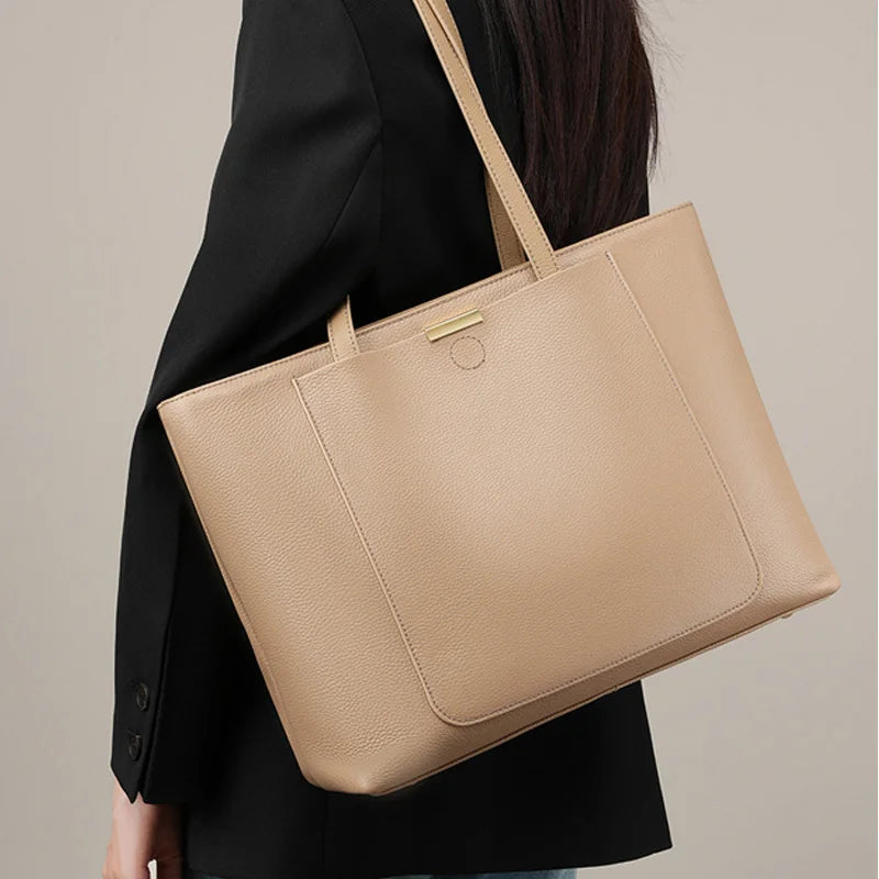 Women's Luxury Genuine Leather Large Tote Bag - Square Shoulder Handbag for Commuting