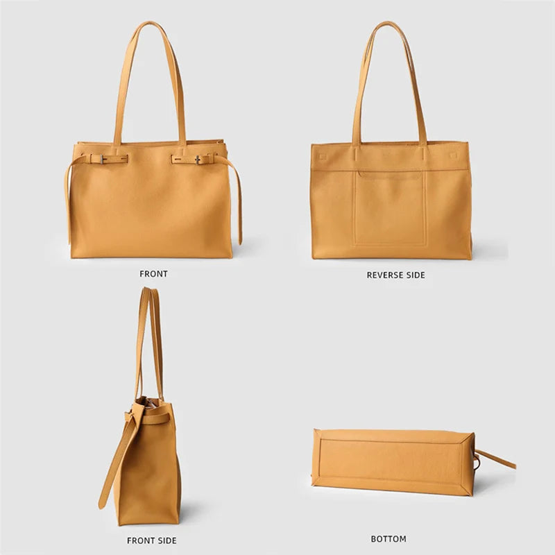 Women's Genuine Leather Laptop Tote Bag - Luxury Minimalist Commuter Handbag Large Capacity