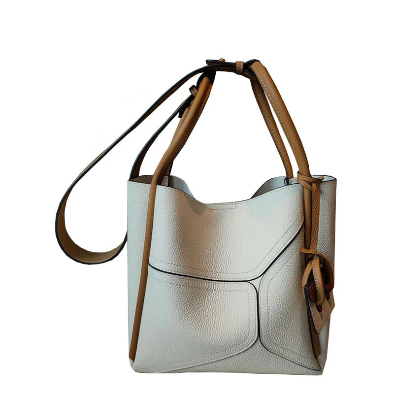 Women's Genuine Leather Patchwork Bucket Bag - Fashion Shoulder Messenger Handbag