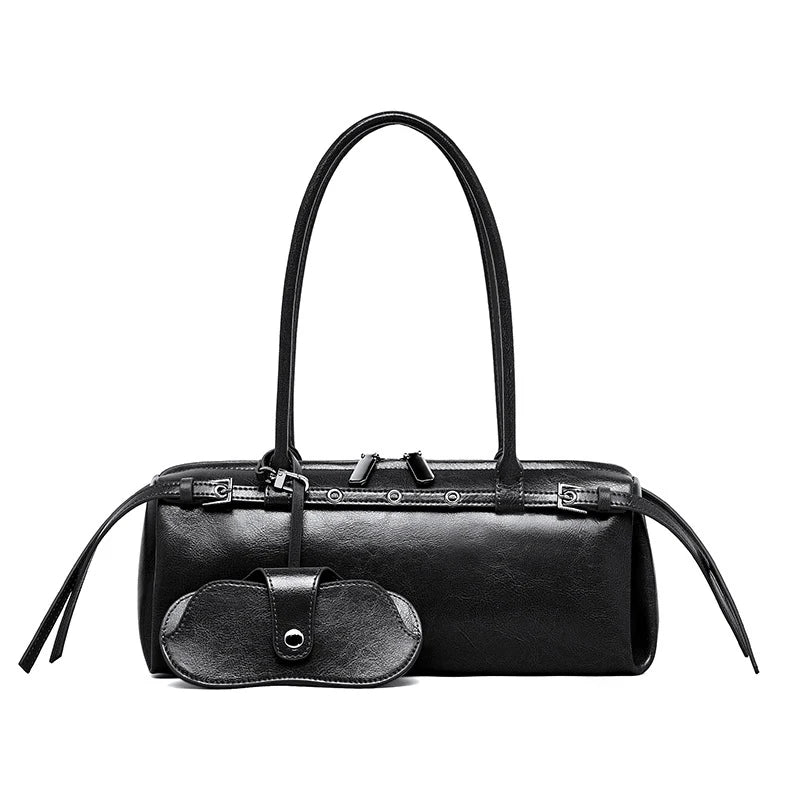 Women's retro baguette bag in black — split leather underarm shoulder bag