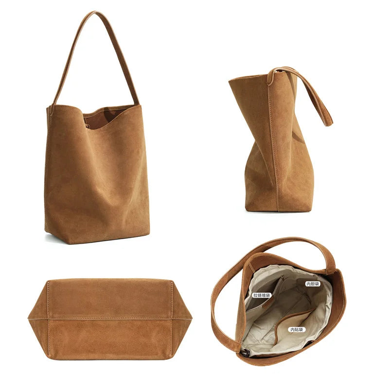 Women's Suede Bucket Bag - Large Capacity Underarm Shoulder Tote Commuter Handbag