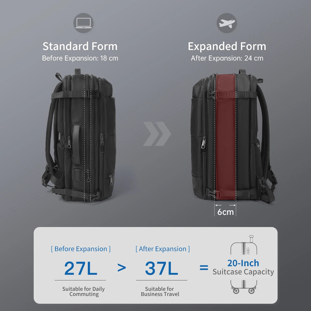 Women's Expandable Travel Backpack 17'' Laptop - 27L to 37L