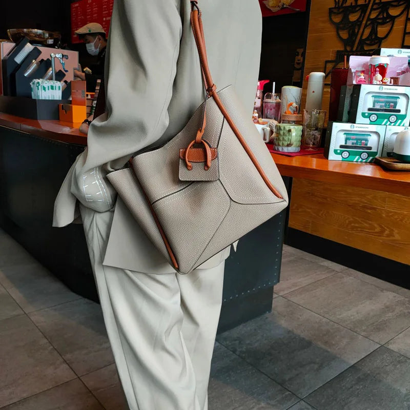 Women's Genuine Leather Patchwork Bucket Bag - Fashion Shoulder Messenger Handbag