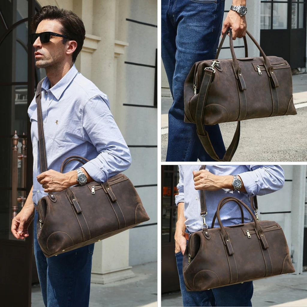 Men's Genuine Leather Duffel Bag - Large Capacity Weekend Travel Gym Bag with Laptop Compartment