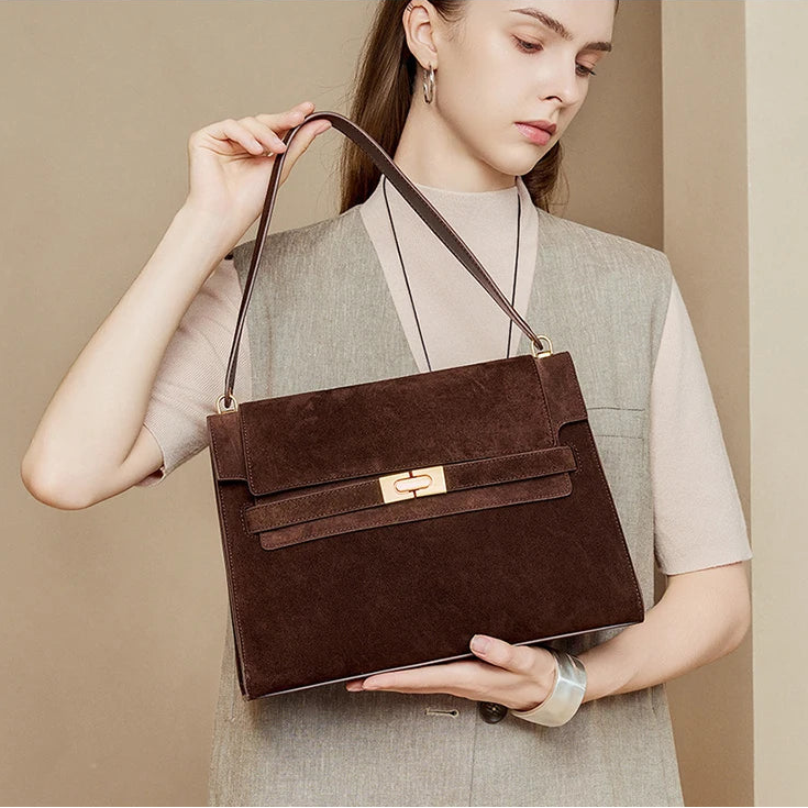 Vintage Suede Leather Shoulder Bag - Spacious Underarm Tote Crossbody