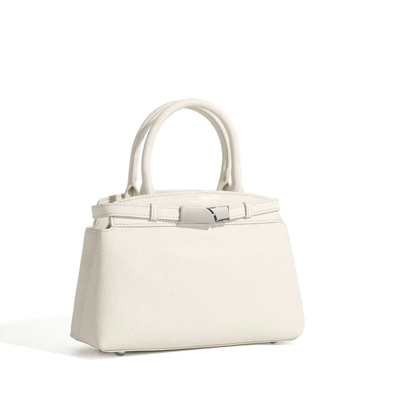 Women's genuine leather crossbody bag in beige white — small square shoulder bag 24x9x16cm