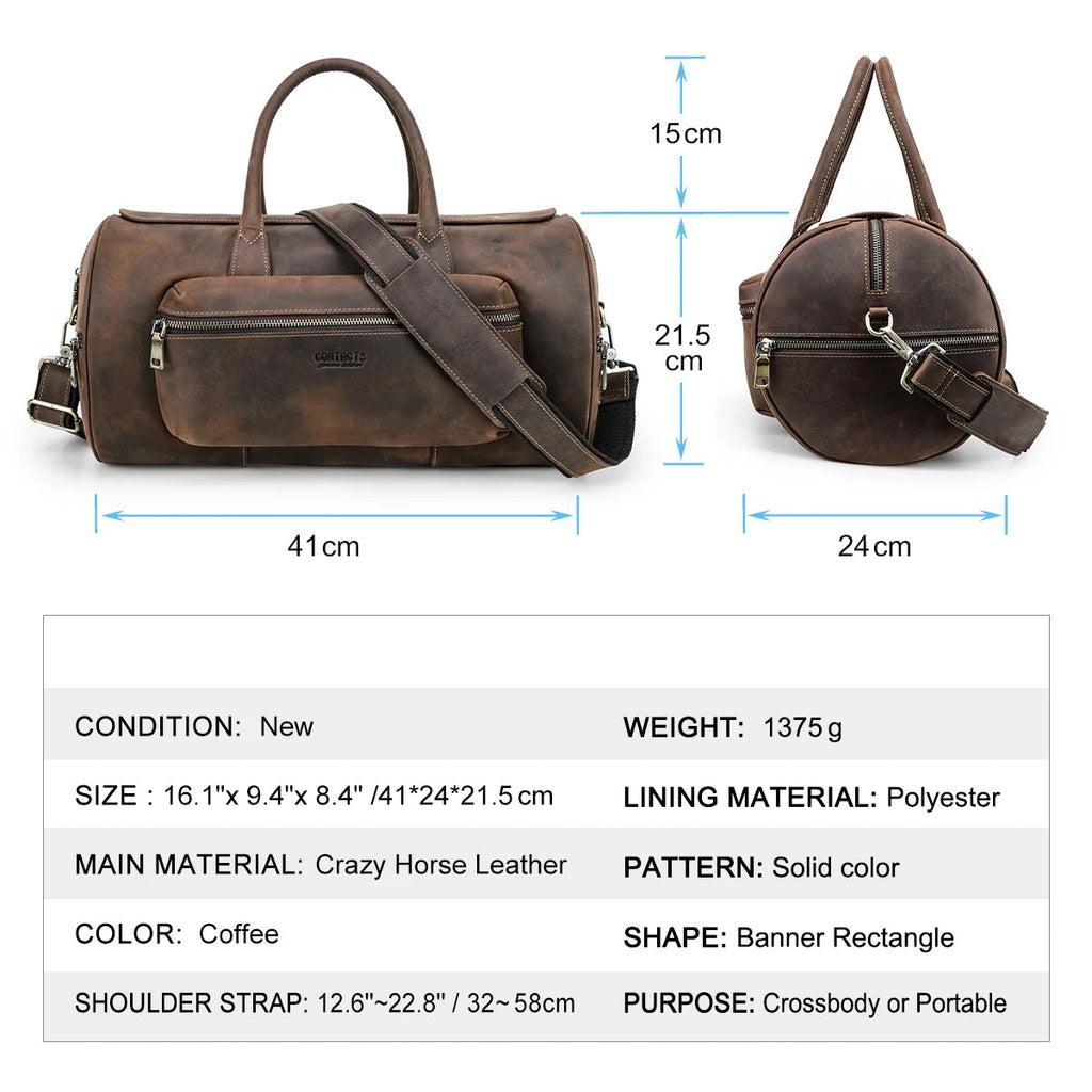 P038 - Men's Crazy Horse Leather Travel Tote Bag - Vintage Crossbody Shoulder Luggage Bag