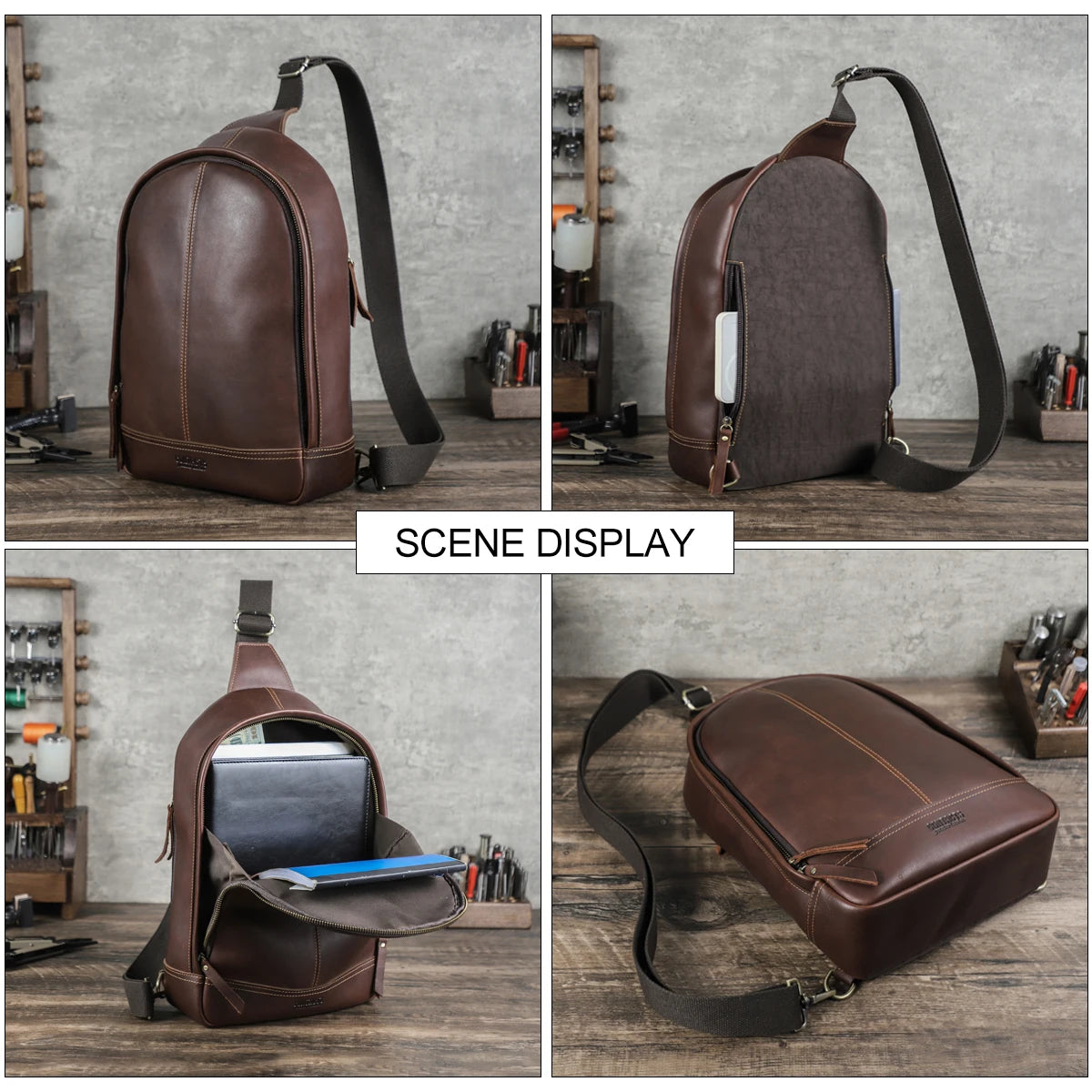Genuine Leather Men's Chest Bag - Crossbody Shoulder Sling Bag for 13.3" Laptop