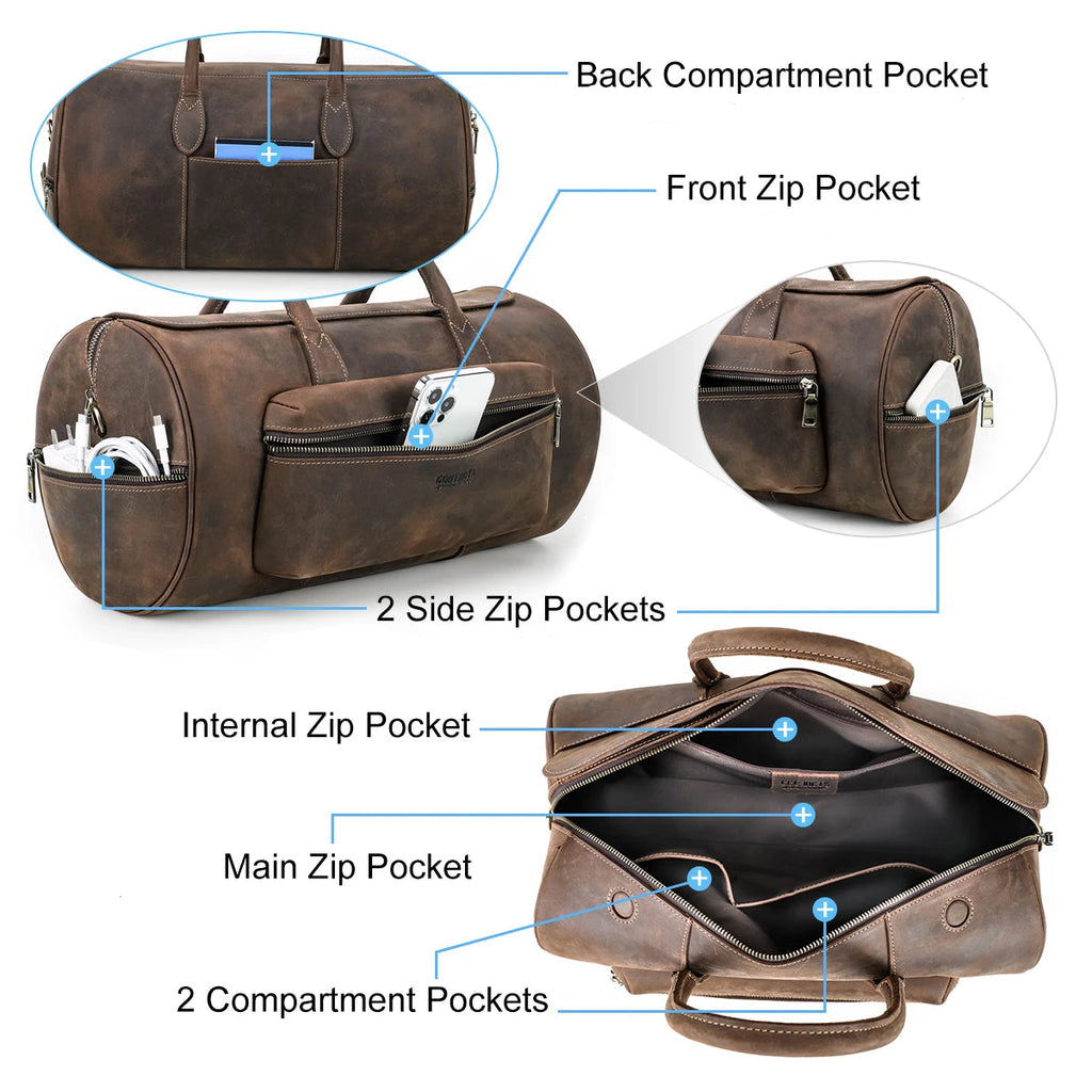 P038 - Men's Crazy Horse Leather Travel Tote Bag - Vintage Crossbody Shoulder Luggage Bag