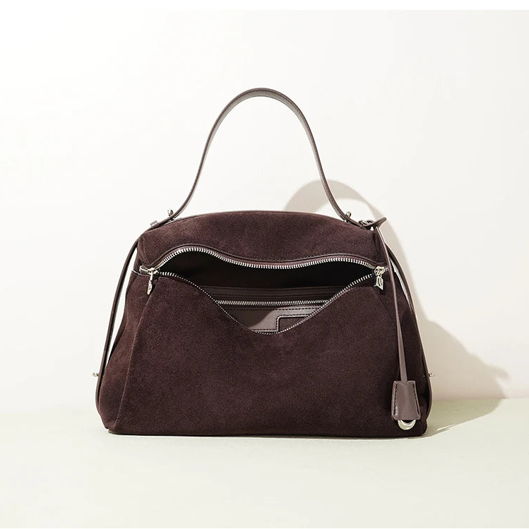 Women's Suede Boston Bag Coffee - Structured Shoulder Bag | Carry-Work
