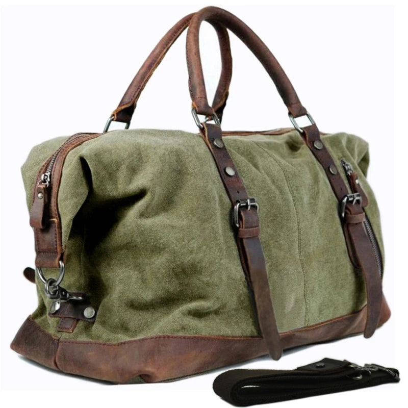 Vintage Military Canvas & Leather Travel Duffel Bag - Men's Large Weekend Overnight Luggage