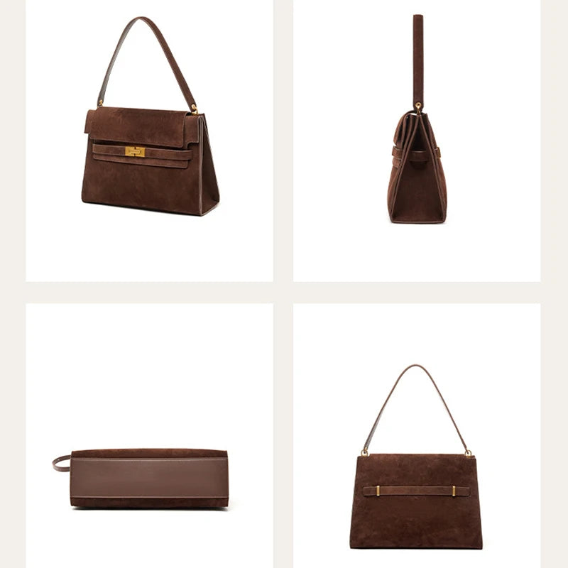 Vintage Suede Leather Shoulder Bag - Spacious Underarm Tote Crossbody