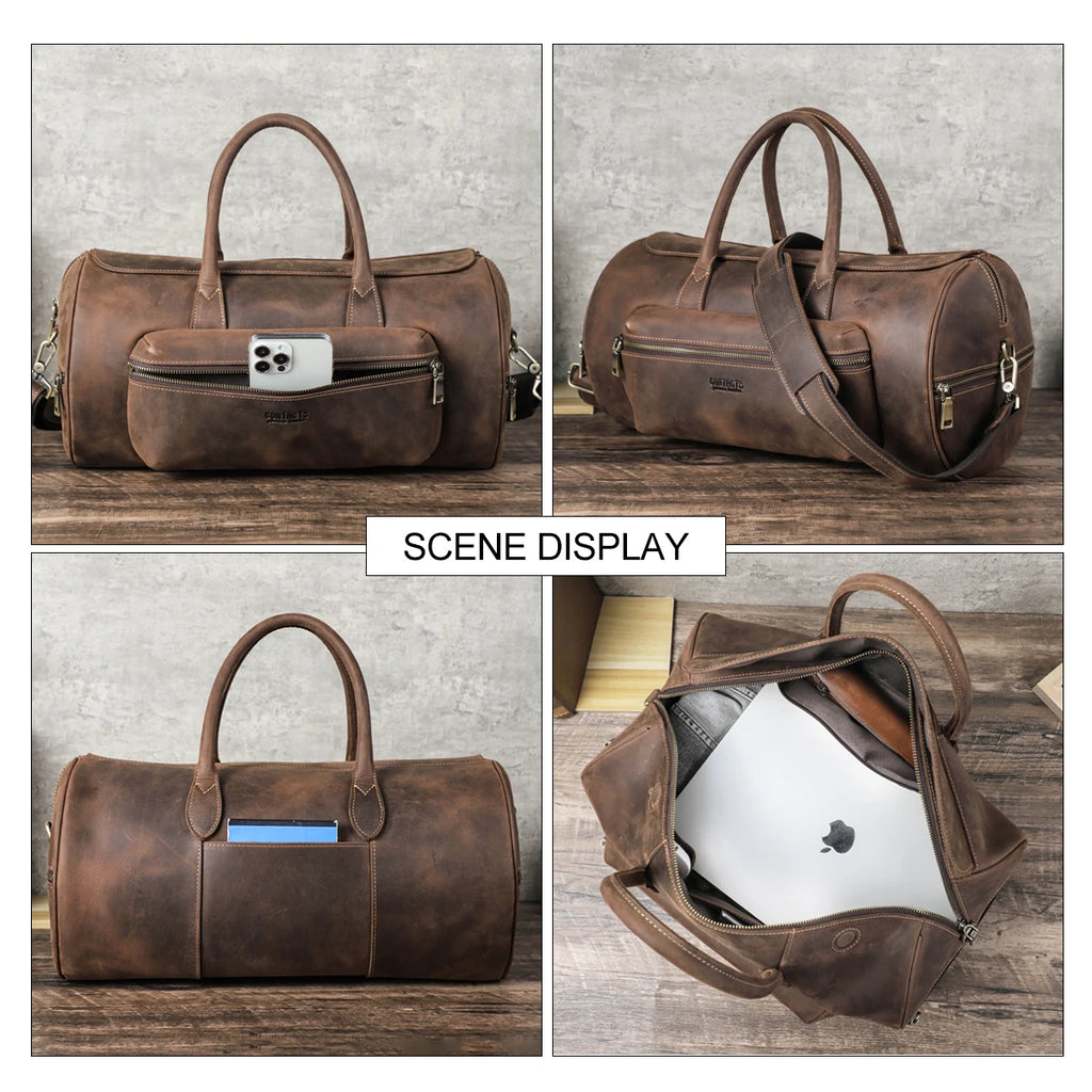 P038 - Men's Crazy Horse Leather Travel Tote Bag - Vintage Crossbody Shoulder Luggage Bag