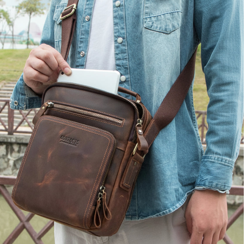 P047 - Vintage Crazy Horse Leather Messenger Bag - Men's Crossbody Shoulder Bag with Sling Strap