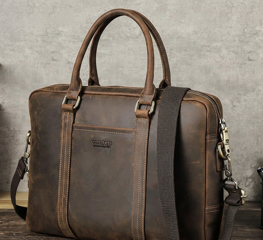 Men's Crazy Horse Leather Briefcase - Vintage Business Tote Bag for 13.3" MacBook Air
