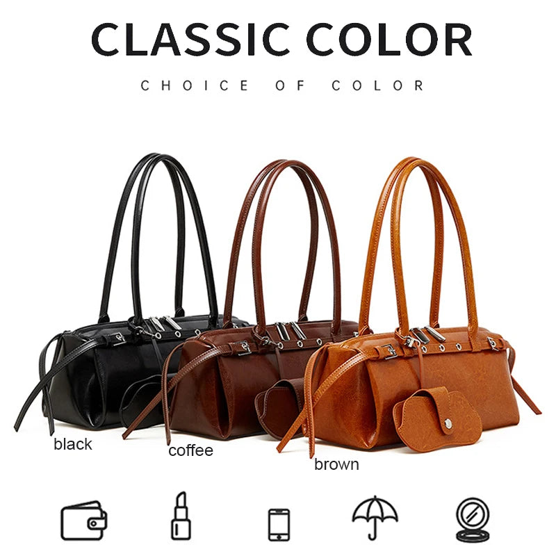 Women's retro baguette bag — available in 3 colors: black, brown, coffee — split leather underarm shoulder bag