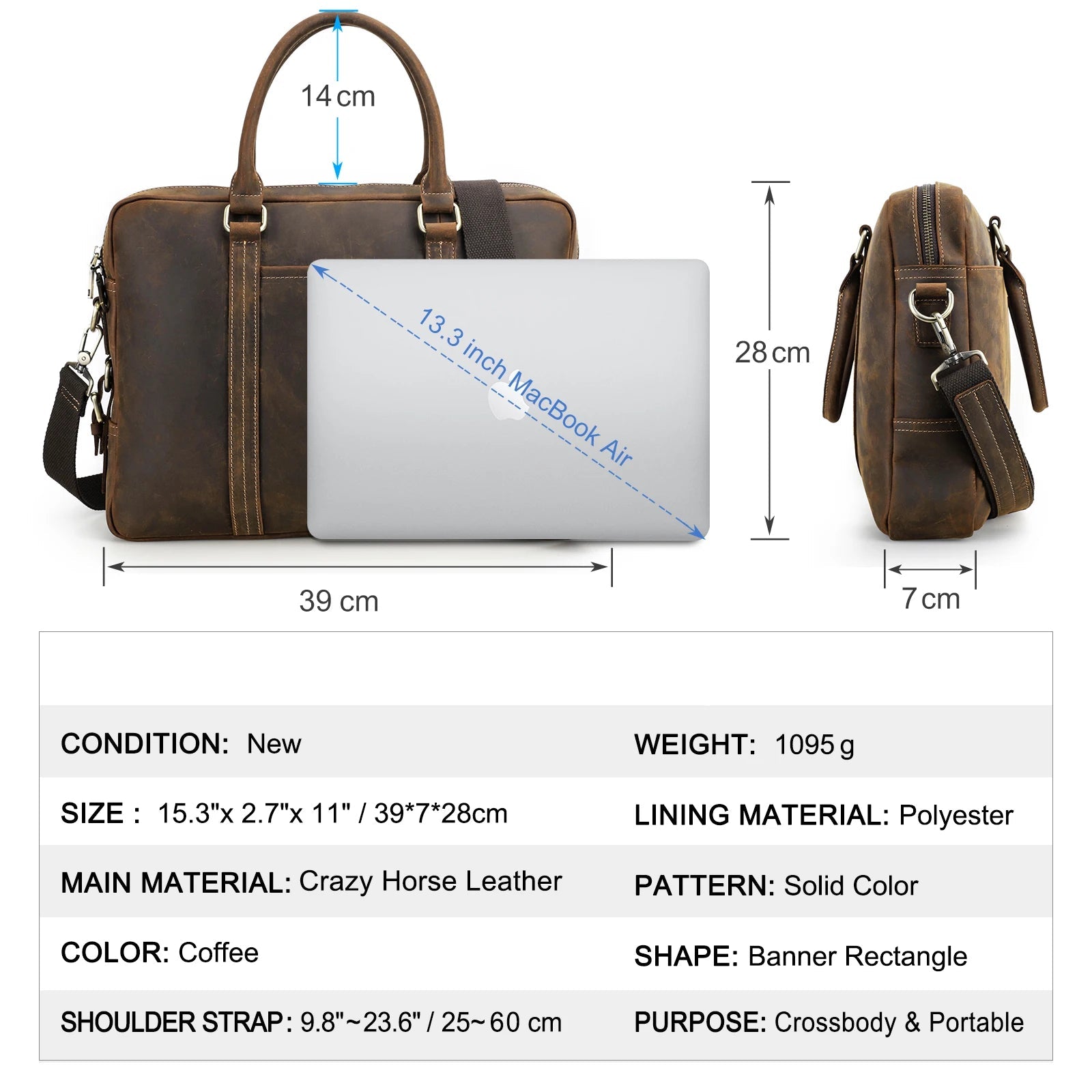 Men's Crazy Horse Leather Briefcase - Vintage Business Tote Bag for 13.3" MacBook Air