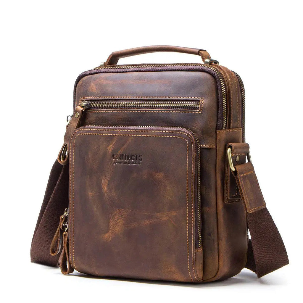P047 - Vintage Crazy Horse Leather Messenger Bag - Men's Crossbody Shoulder Bag with Sling Strap