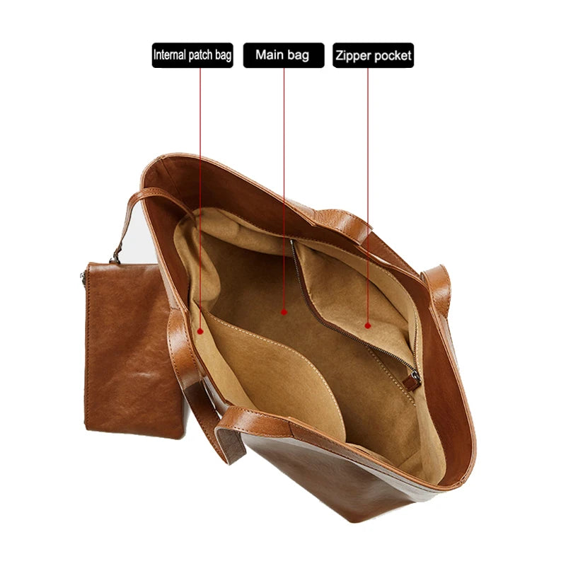 Women's Large Capacity Genuine Tanned Leather Tote Bag - Korean Style Underarm Shoulder Handbag