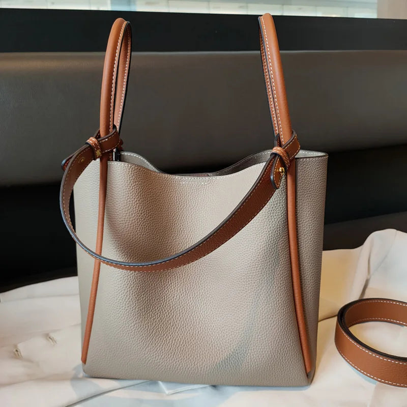 Women's Genuine Leather Patchwork Bucket Bag - Fashion Shoulder Messenger Handbag