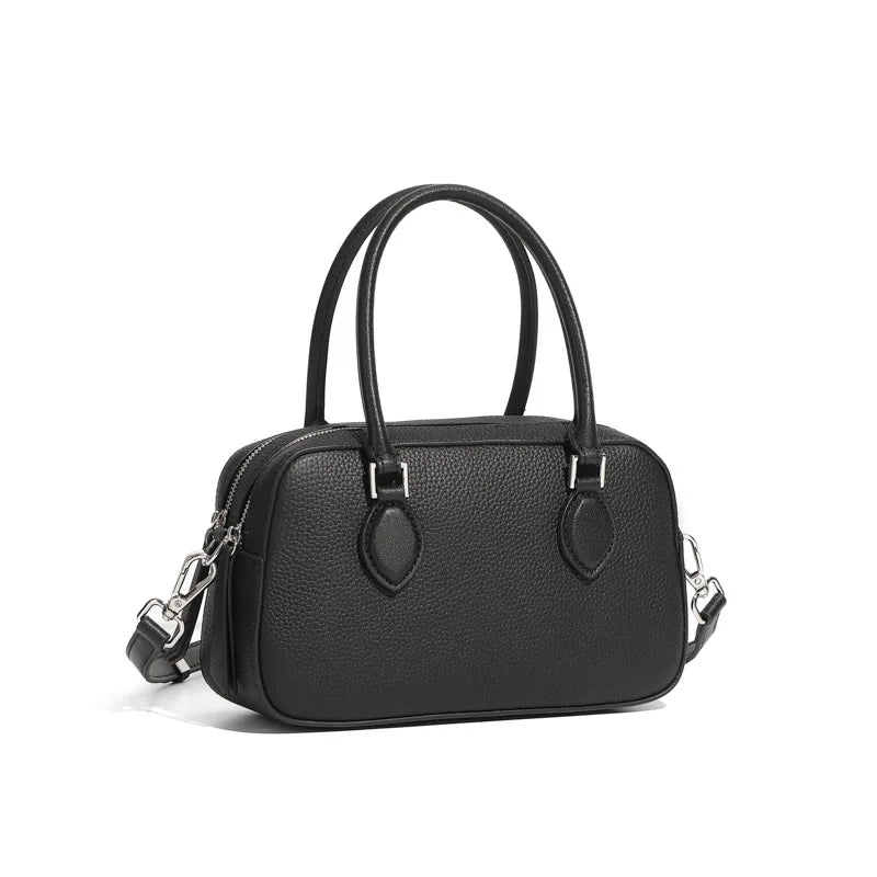 Women's mini genuine leather pillow bag in black — Boston crossbody shoulder handbag