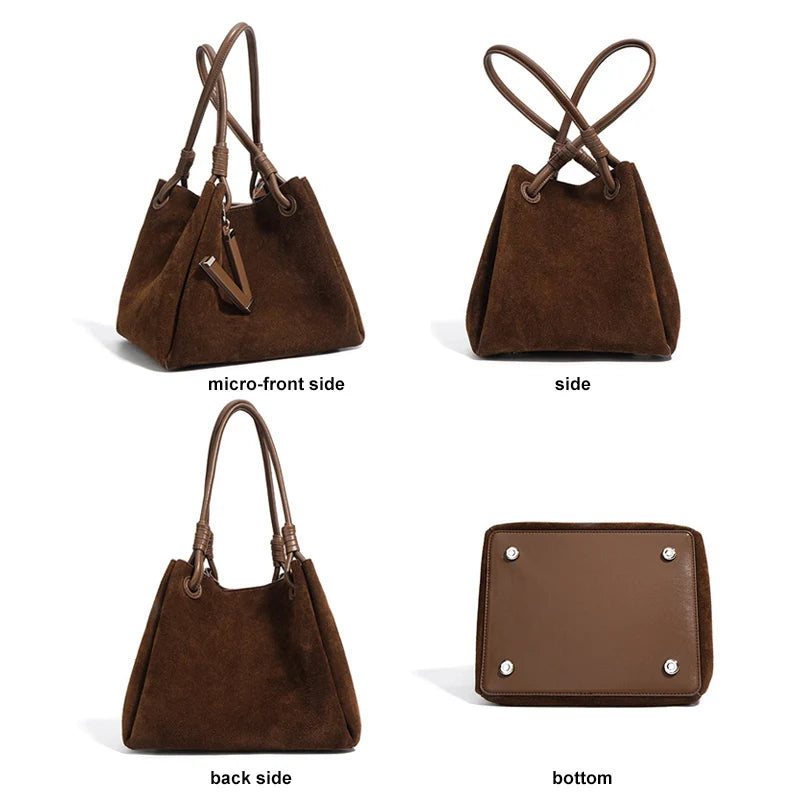 P064 - Women's Suede Basket Tote Bag - Frosted Leather Crossbody | Carry-Work