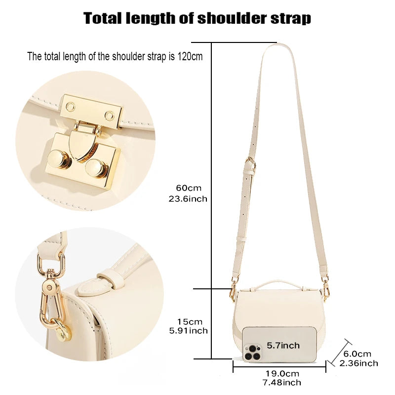 Women's buckle saddle bag — gold buckle flap closure detail, split leather texture