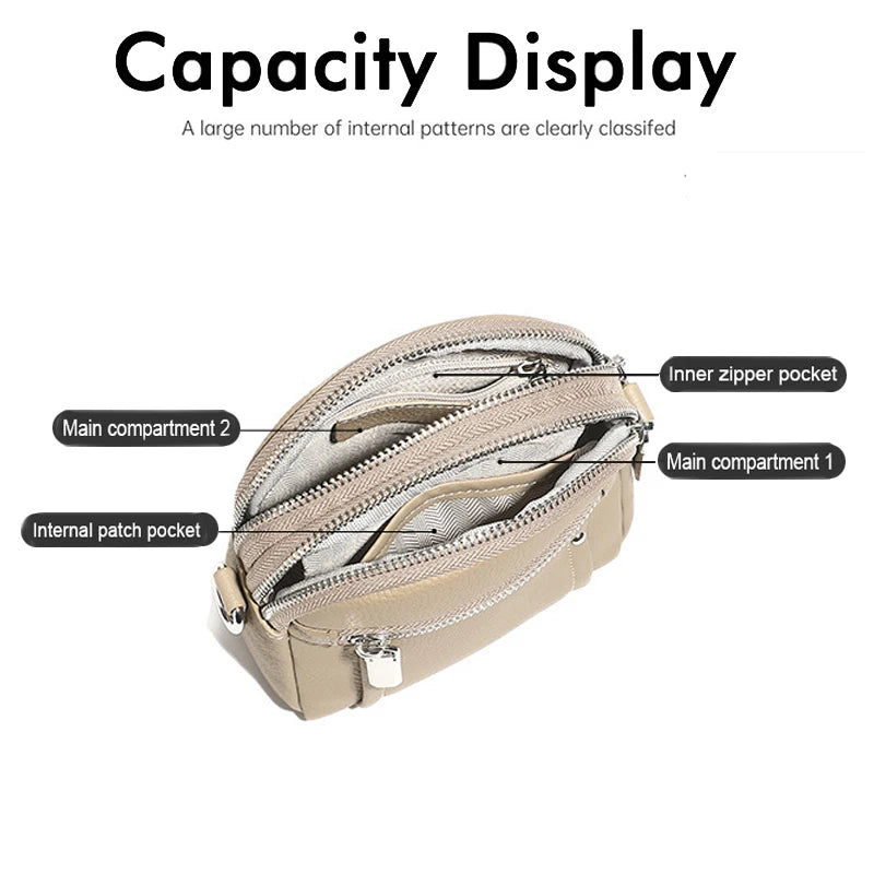 Mini genuine leather bag — interior view showing cell phone pocket and zipper compartment
