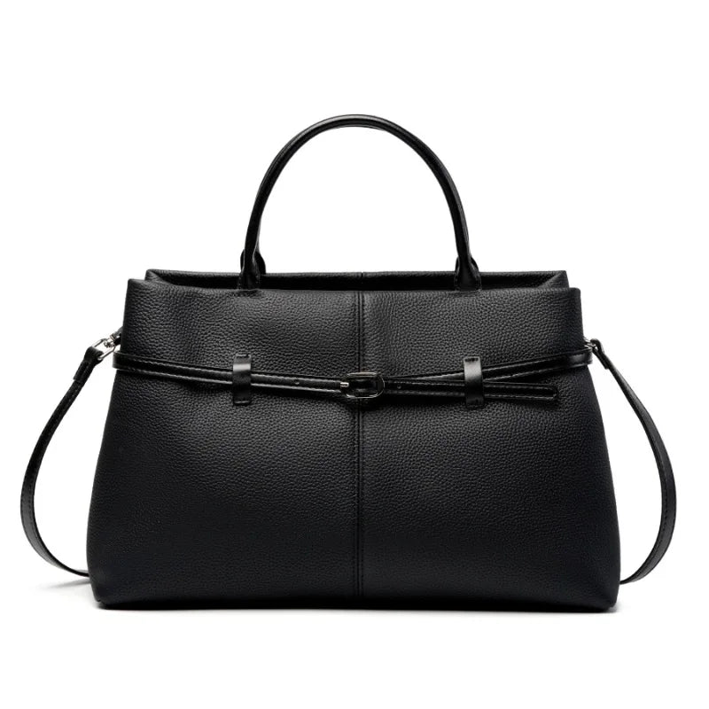 Women's Genuine Leather Office Tote Bag - Black - Carry-Work - P113