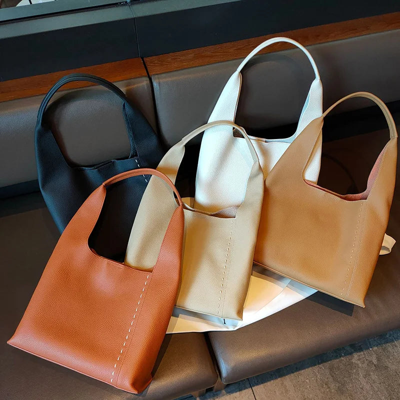 Women's Luxury Togo Leather Bucket Tote Bag - Large Capacity Soft Cowhide Shoulder Handbag with Pouch