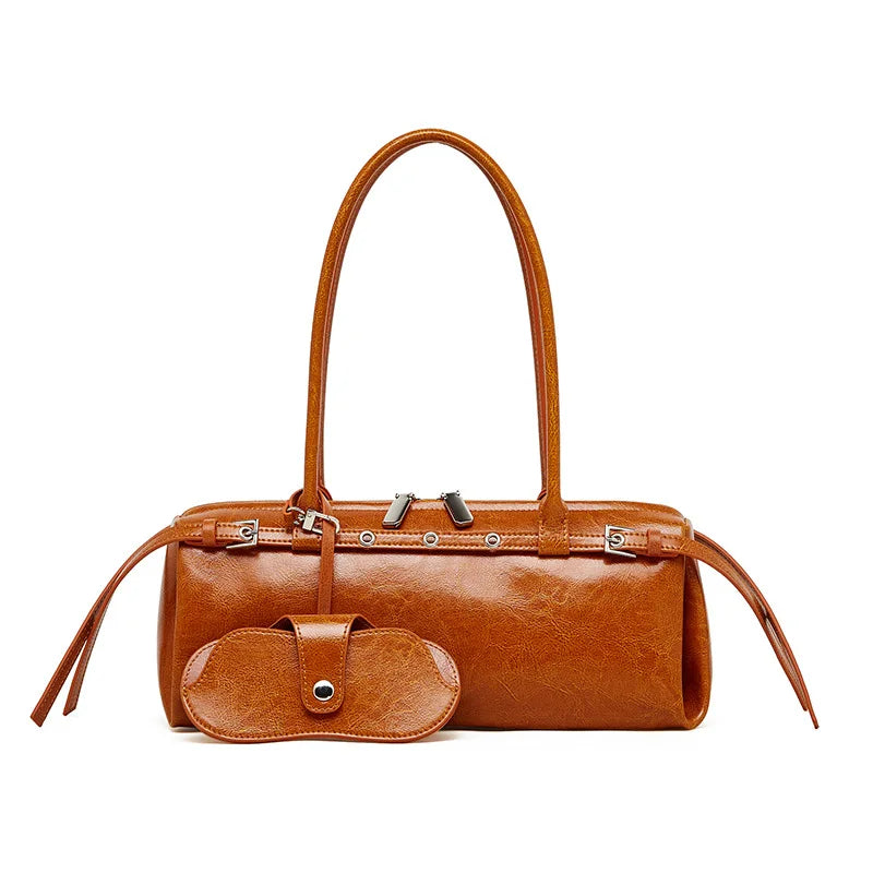 Women's retro baguette bag in brown — split leather underarm shoulder bag 31x13x13cm