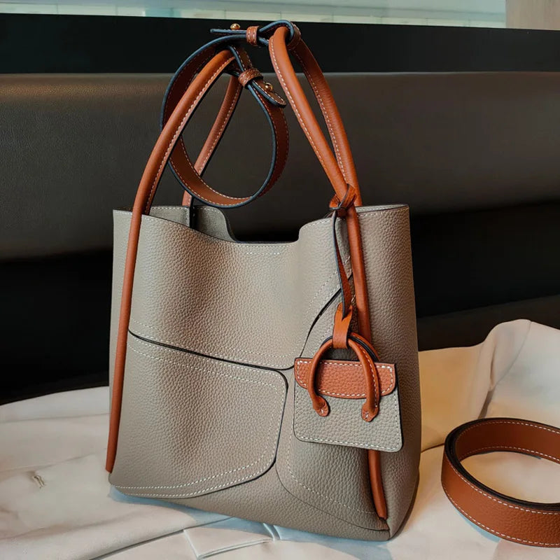 Women's Genuine Leather Patchwork Bucket Bag - Fashion Shoulder Messenger Handbag